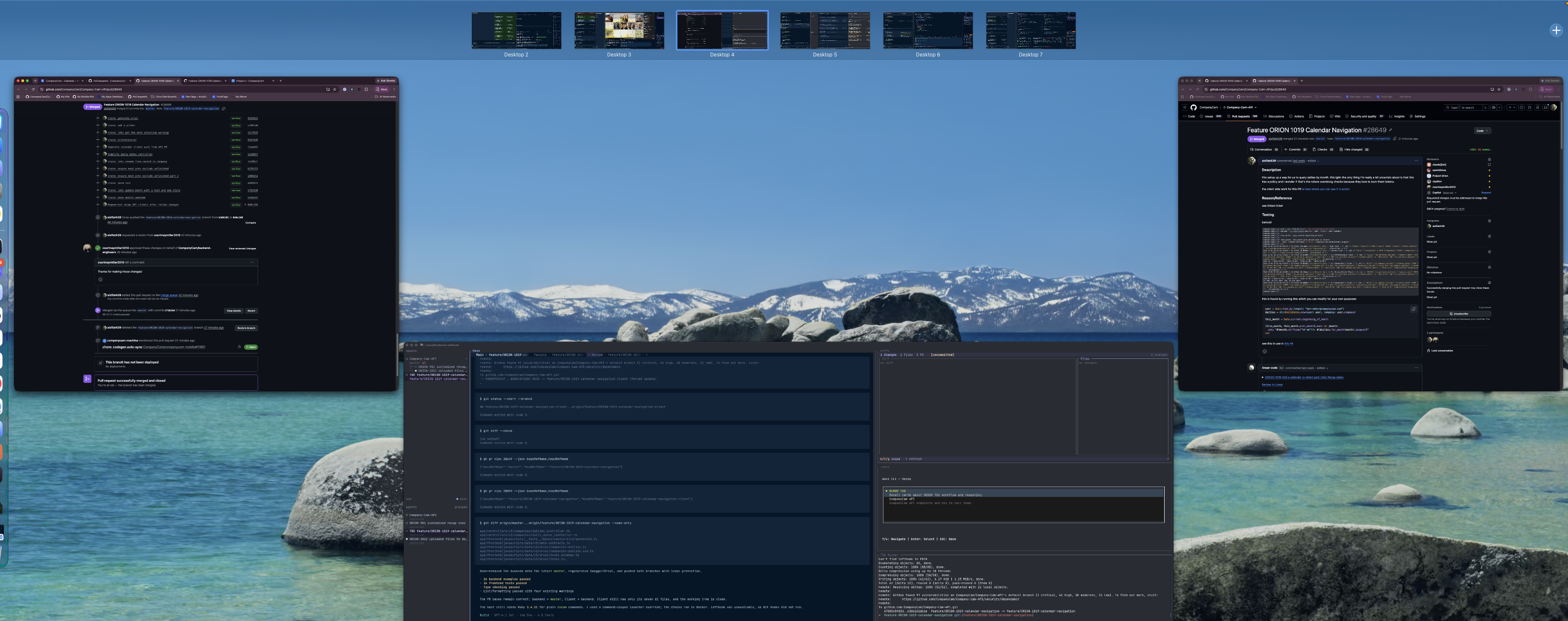 My desktop setup with multiple workspaces, GitHub pull requests, and a herdr coding session